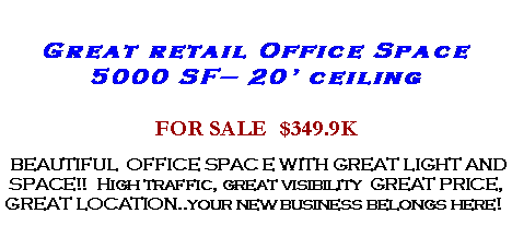 Text Box: Great retail Office Space5000 SF� 20� ceilingFOR SALE  $349.9K BEAUTIFUL  OFFICE SPAC E WITH GREAT LIGHT AND SPACE!!  High traffic, great visibility  GREAT PRICE, GREAT LOCATION..your new business belongs here!&nbsp;